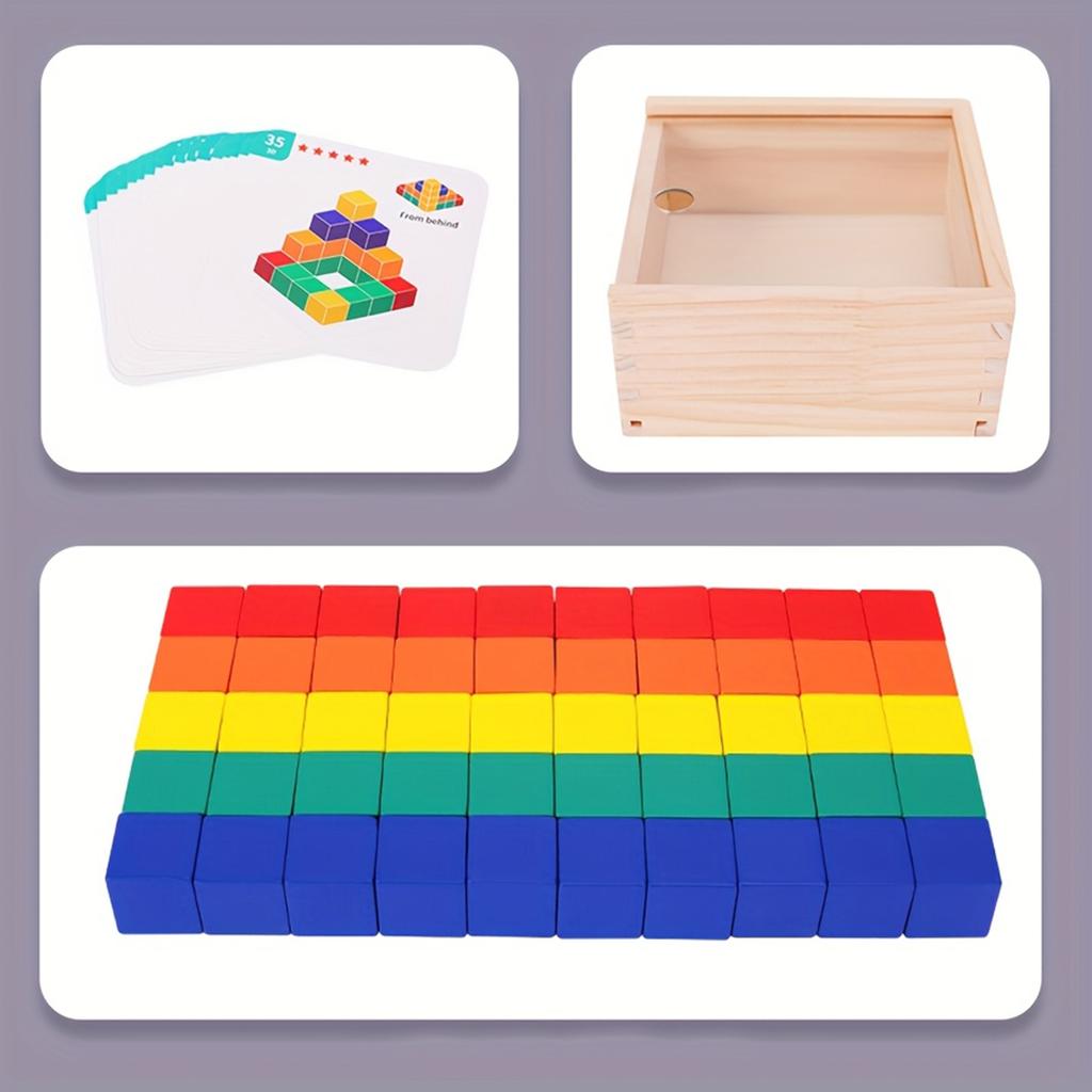 Wooden Box Square Block, Three Dimensional Thinking Puzzle Geometry, Square Three Views, Spatial Children's Math Teaching Aids