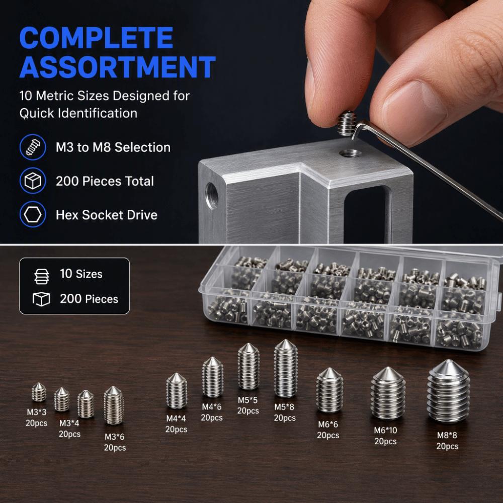 200PCS Silver Grub Screw Set M3 To M8 Inner Hex Screw Stainless Steel Screw For Precise Instrument