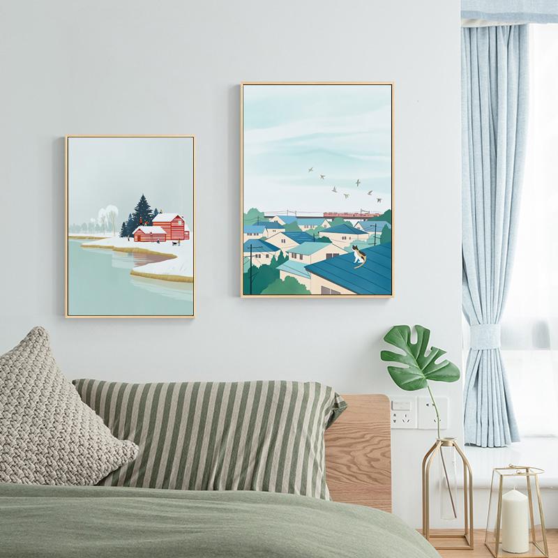 Winter Village Train Landscape Canvas Painting Nordic Anime Style Natural Poster Print Wall Art Picture Modern Home Decoration