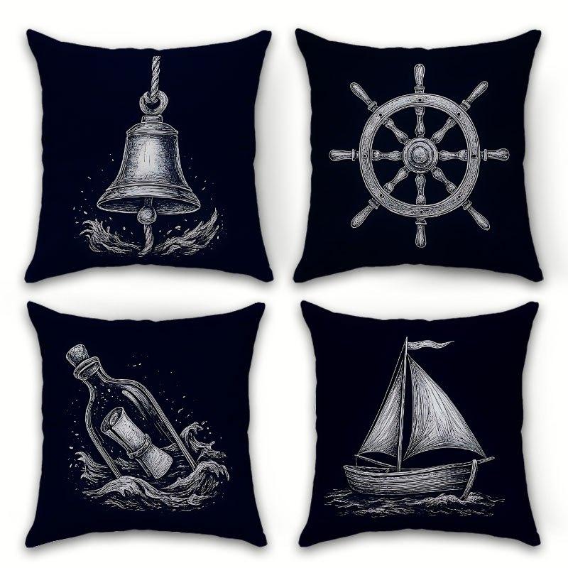 Vintage Nautical Pillow Covers, Ship Bell Wheel Double-Sided Printed Throw Pillow Cases, Coastal Home Decor Cushion Covers Peach skin 18*18(CM)-1Pcs