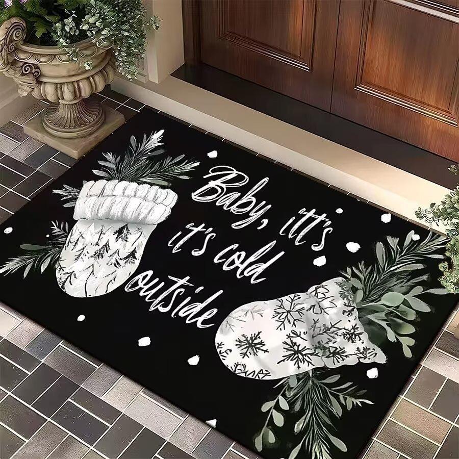 Christmas Themed Door Mat With Patterns Like Mittens Hats Snowflakes Holly Non Slip Welcome Entrance Rug For Families Decor