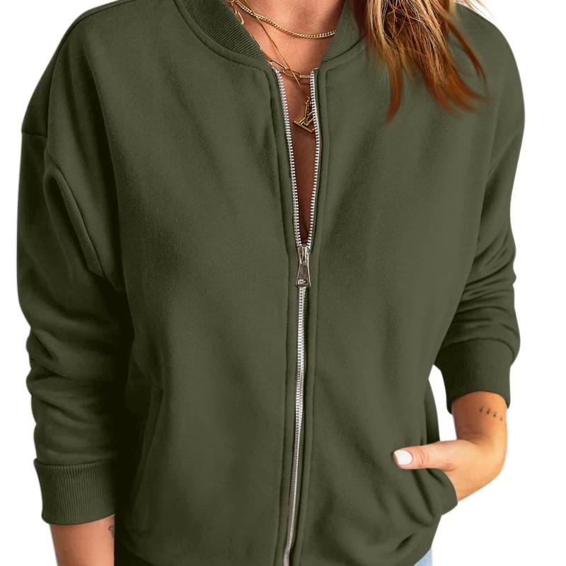Damska kurtka na zamek w jednolitym kolorze, modny, casualowy kardigan z długim rękawem, sportowy crop top