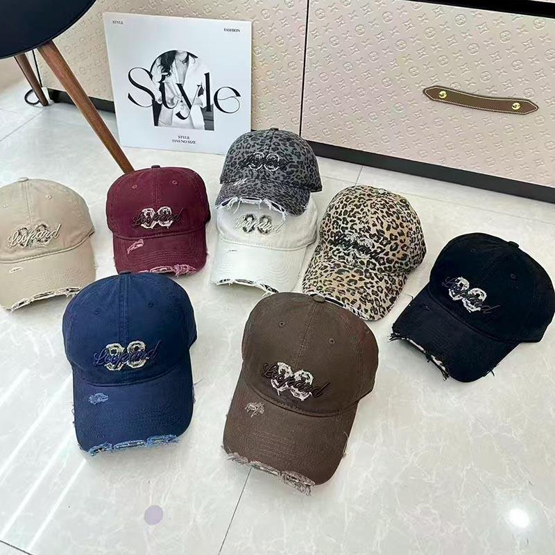 American retro embroidered baseball cap burr edge broken brim soft top cap leopard print men's and women's street versatile sun hat