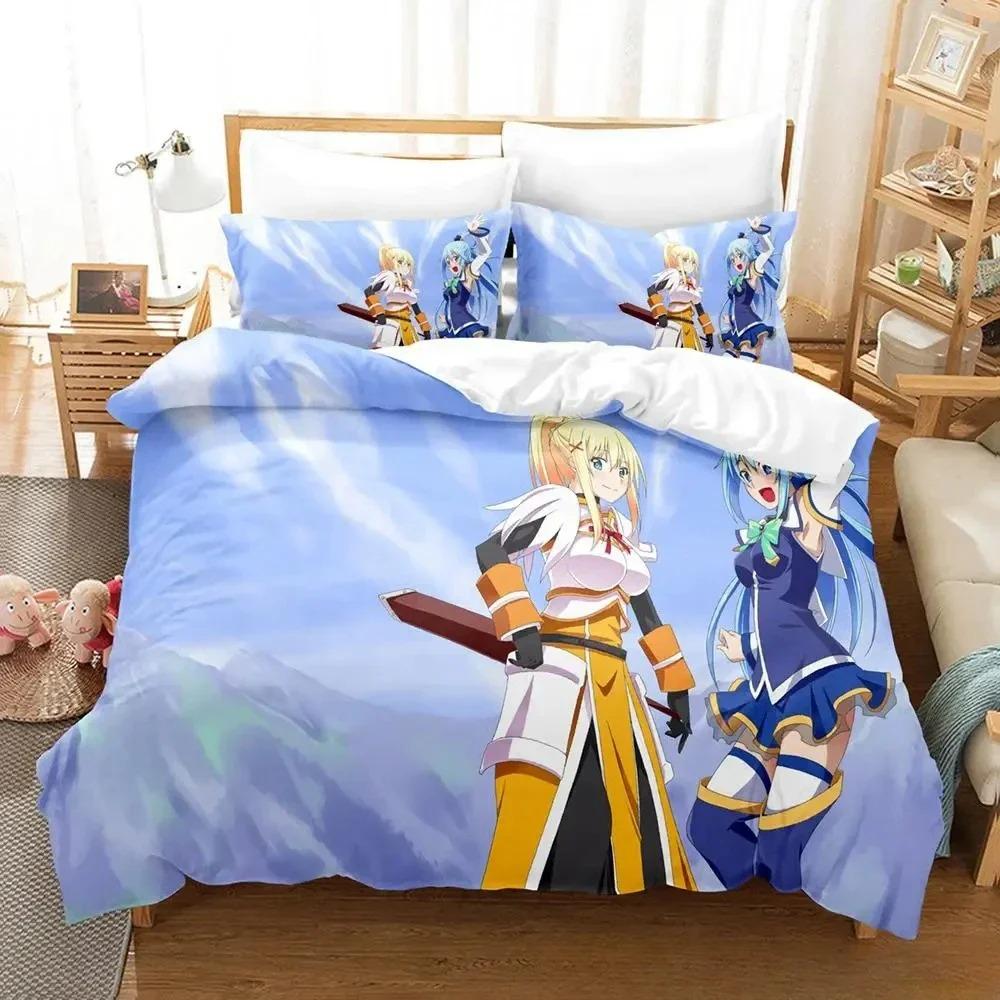 Trendy Lightweight King KonoSuba Cartoon Anime Three Piece Adult Kid Bedroom Sets 3D Print Kawaii Girls Size Bed Quilt