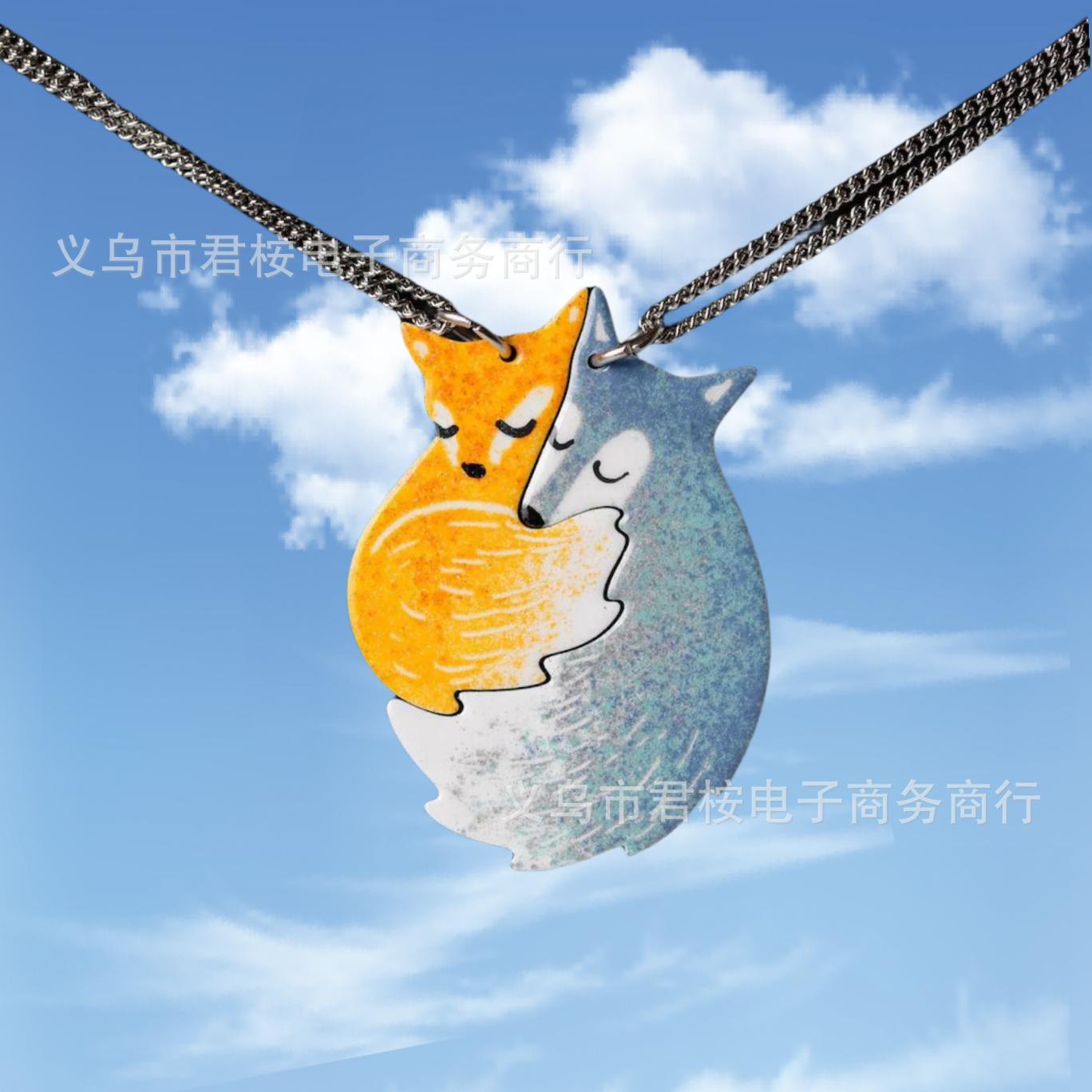 

2pcs Set Cute Creative Fox Wolf Snuggle Up Pendant Necklace Earrings for Women Men Couple Friend Cartoon Trendy Jewelry Set Gift