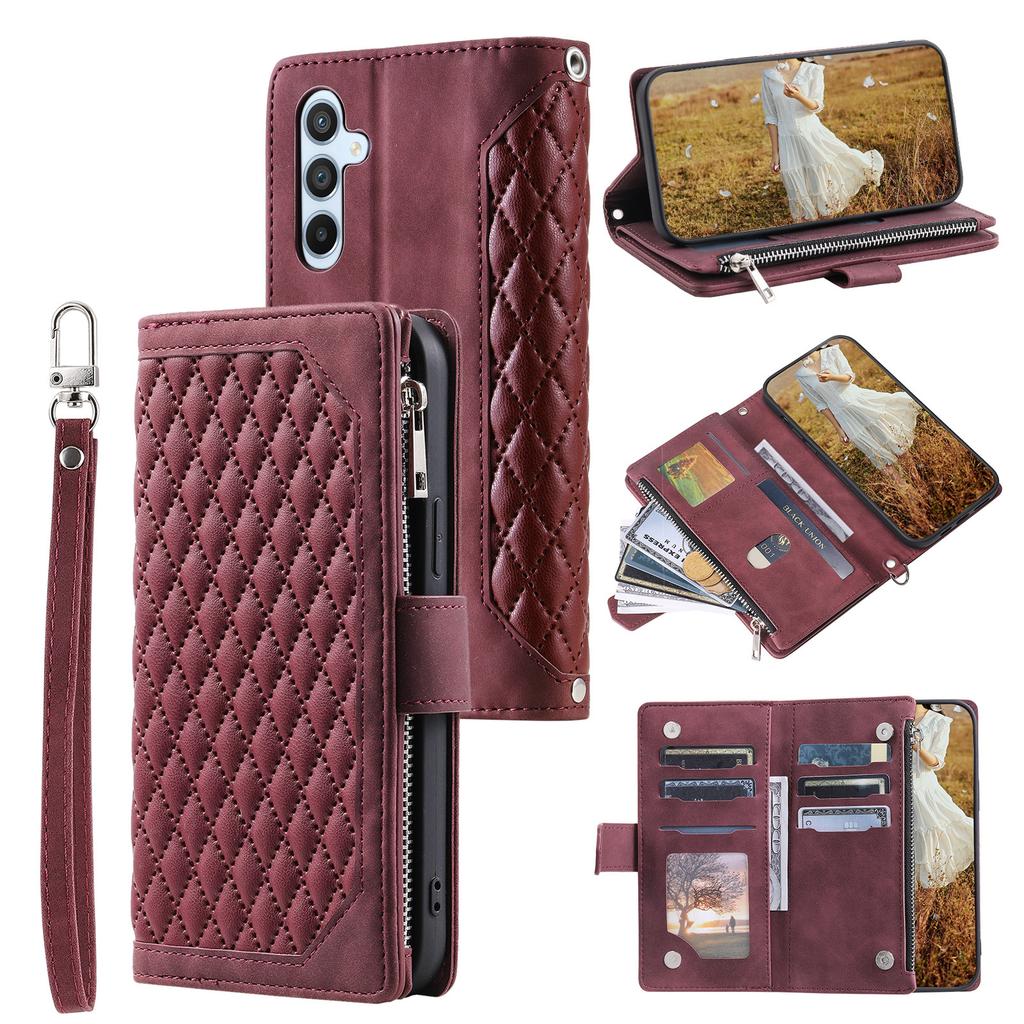 For Samsung Galaxy S26+ Wallet Case Rhombus Stitching Line PU Leather Phone Cover with Wrist Strap