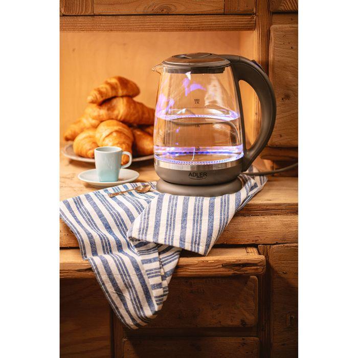 Bouilloire Électrique en Verre 2 Litre, Intérieur Éclairé, sans Fil Adler AD1286 2200W Gris 34230