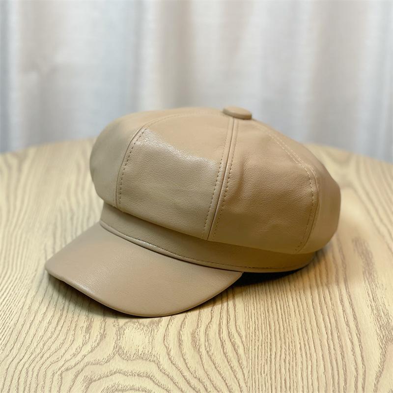 Autumn and Winter Women's Big Head Octagonal Hat Leather Painter's Hat Korean Version PU Large Peaked Cap British Versatile Beret Men's Winter