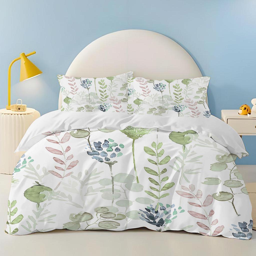 Green plants Palm leaves 100% PolyesterAnime Printed Bedding Set Duvet Cover Queen Cotton Cute Printed Cartoon Quilt Cover