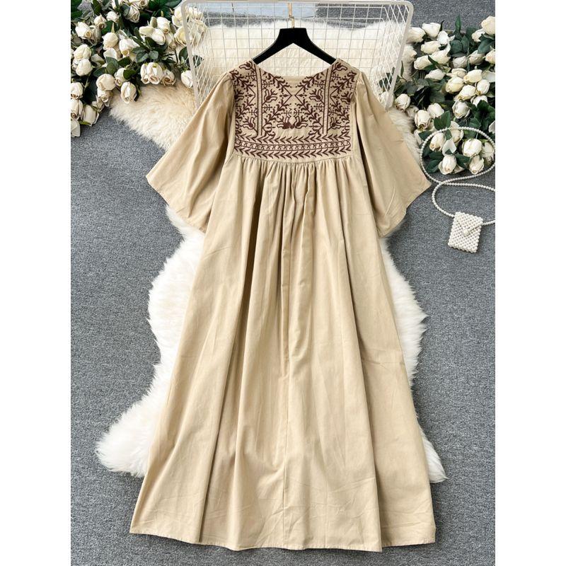 Women's Clothing Retro Belly Covering Slim Looking Dress Embroider