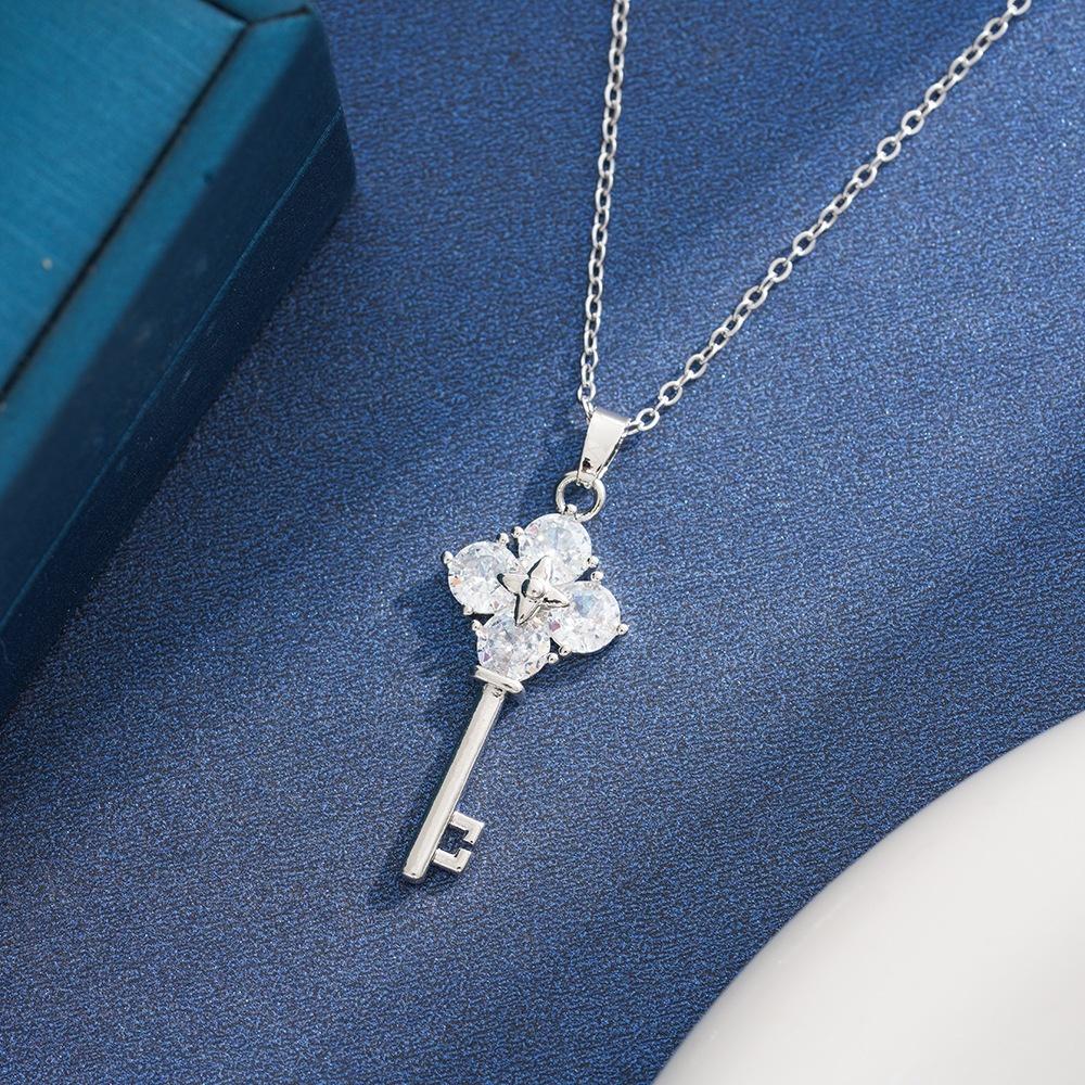 Stainless Steel Waterproof Gold Silver Color Zircon Key Pendant Necklace for Women Fashion Exquisite Clavicle Chain Jewelry