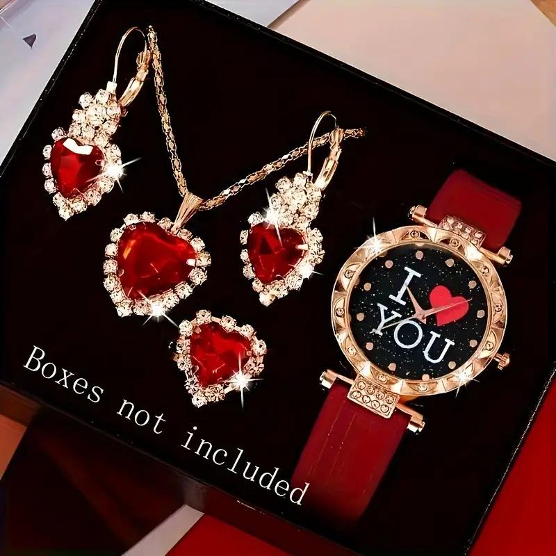 Elegant Women's 5-Piece Watch & Jewelry Gift Set: Quartz Watch, Necklace, Ring, Earrings