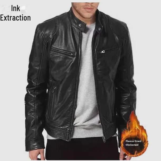 Men's Winter Slim-Fit Stand Collar PU Leather Motorcycle Jacket with Velvet Lining