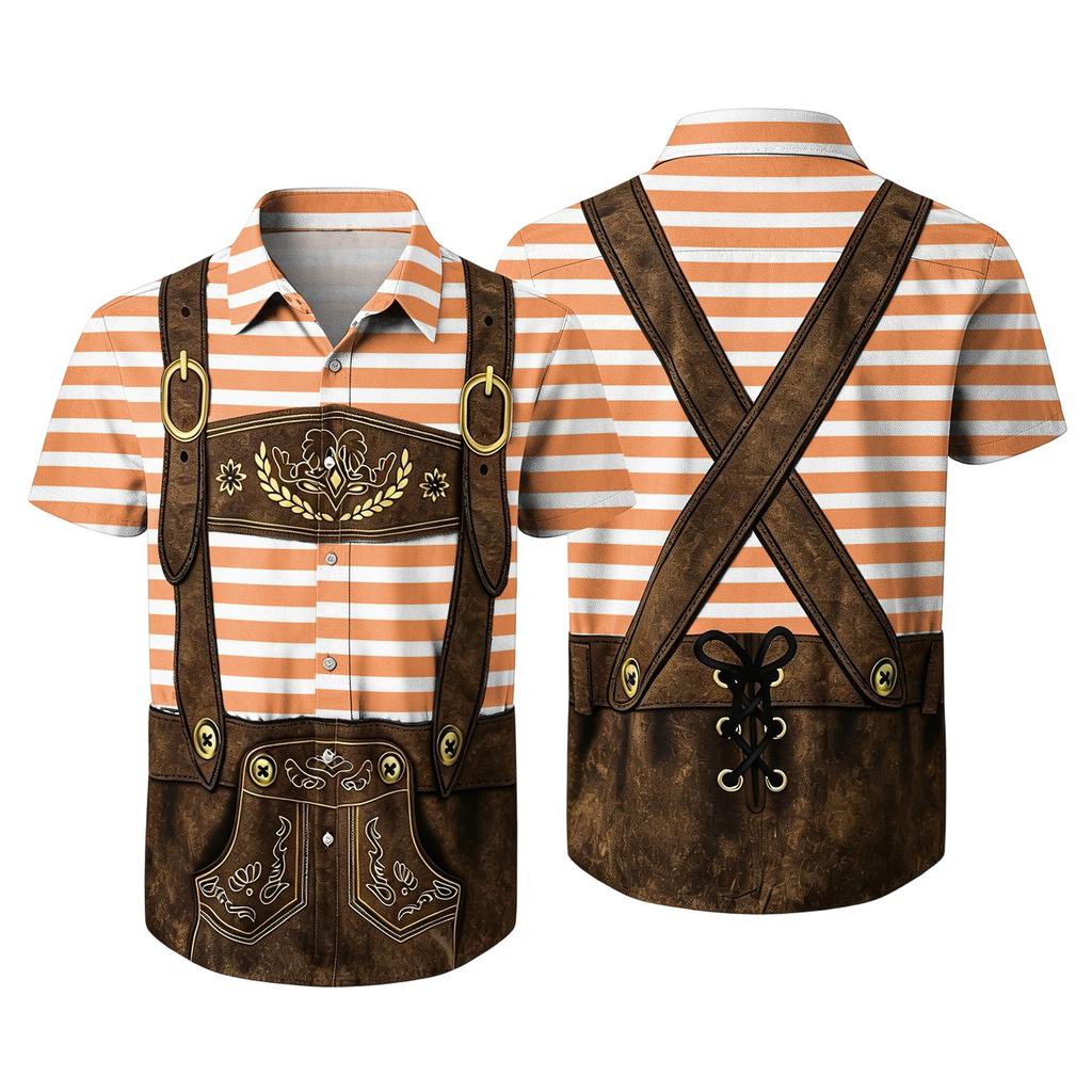 Men's Short Sleeve Button Down Shirt Retro Beer Festival Print Casual Loose Fit Party Shirt with Traditional Lederhosen Design for Everyday Wear