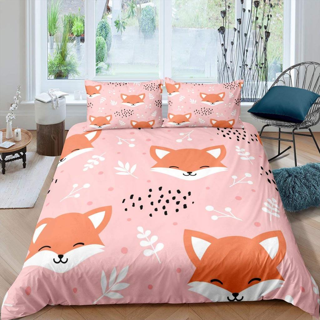 Fuchs Königin König Bettbezug Kawaii Cartoon Fuchs Familie Bettwäsche-Set für Kinder Niedlich Orange Wildtier 2/3-teilig Polyester Bettdeckenbezug