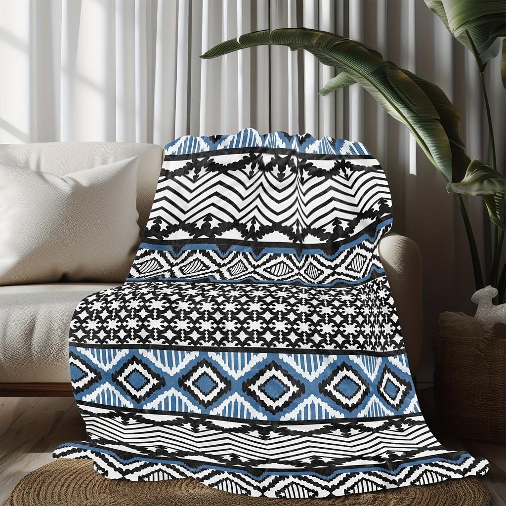 Bohemian Aztec Geometric Fleece Blanket - Soft Breathable Polyester, High-Definition Digital Print, All-Season Machine Wash