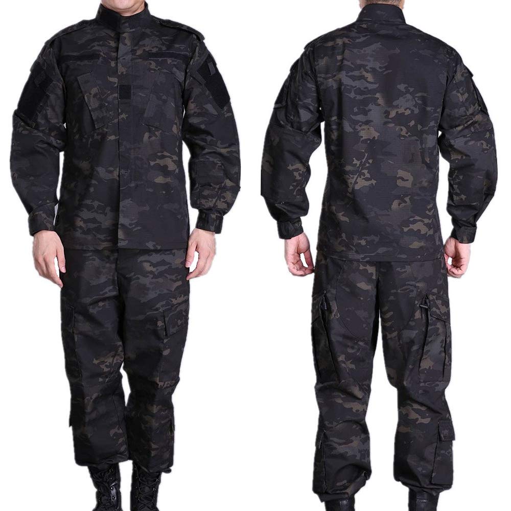 Multicam Black Camouflage Clothes Top and Bottom Set BDU Jacket Pants Military Survival Game Combat Clothes [GUN FREAK] (L)