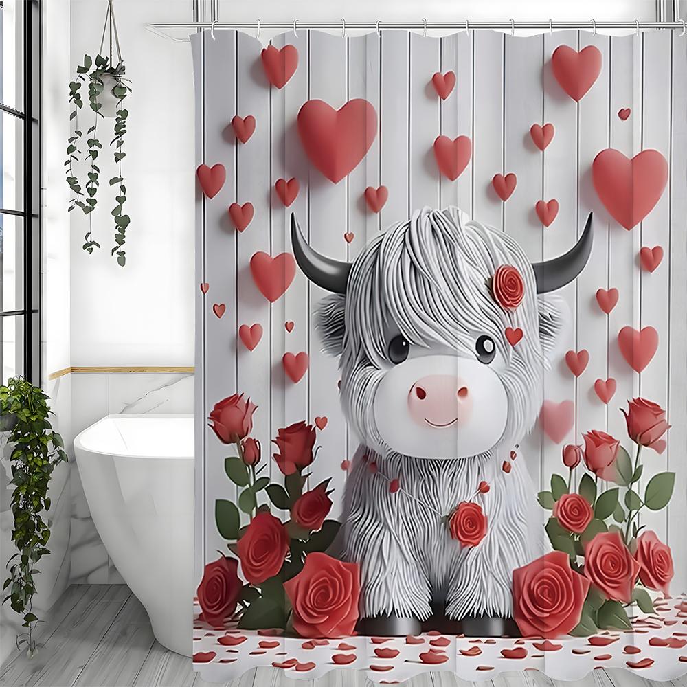 Valentine's Day Calf Rose Love Shower Curtain, Bathroom Decorative Shower Curtain, Waterproof Shower Curtain with Hooks