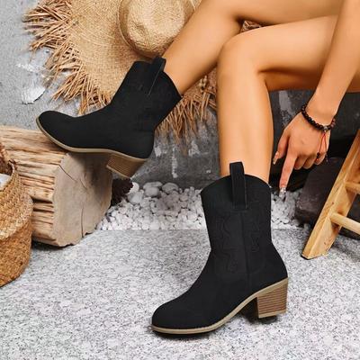Stivali da Cowboy da Donna a Punta Larga, Stivali Western in Pelle con Tacco Grosso, Ankle Boots Moda Slip-On Vintage da Donna