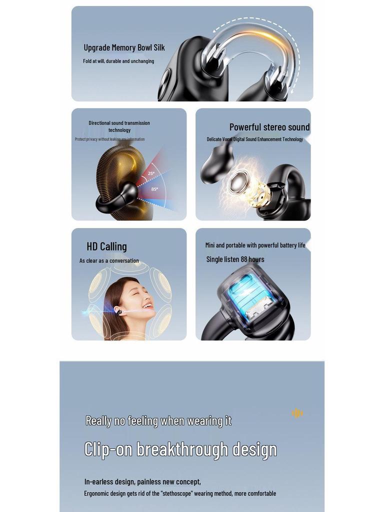 Mini Wireless Bluetooth Ear Clip: Sports Noise-Canceling Earphones with Long Battery Life