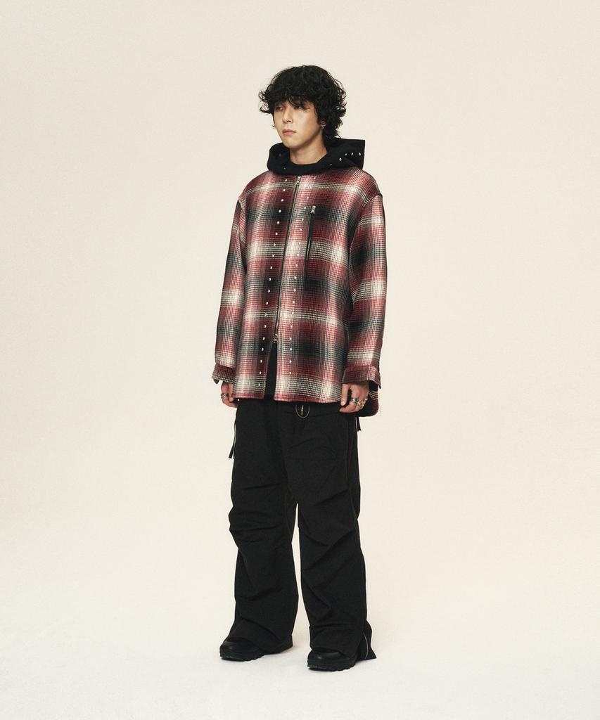 Kodeu Zipper Pocket Hooded Studded Shirt_Rd