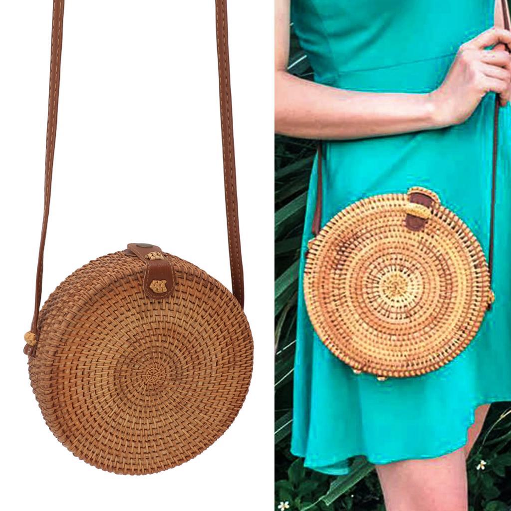Handwoven Round Rattan Bag Tropical Beach   Woven Shoulder Rattan Bag with Leather Strap 20cm Diameter