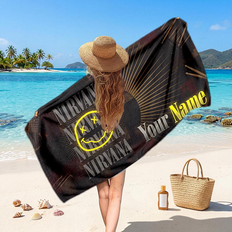 Nirvana Customized Name Text Beach Towel, Soft Absorbent Towel Beach Pool Travel Personal Gift