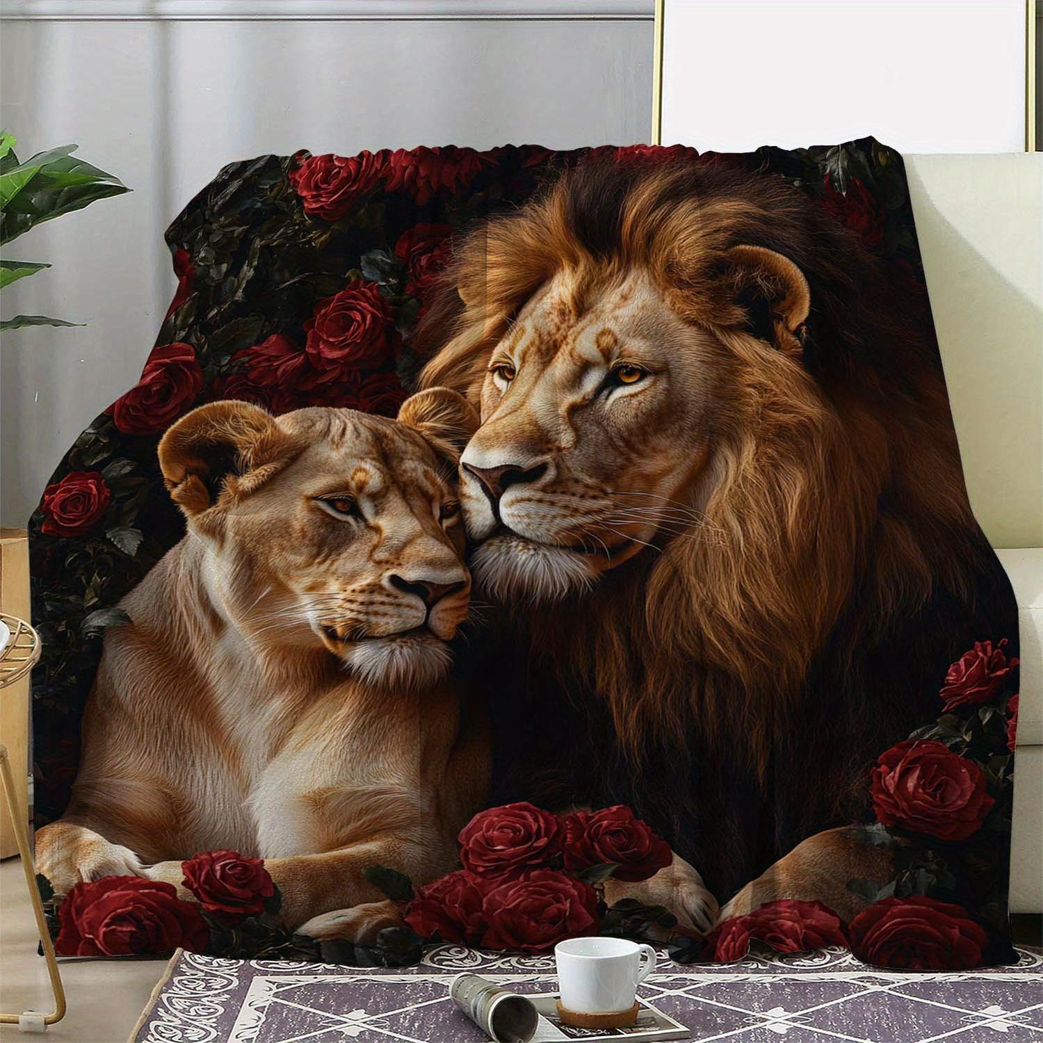 

Lion Rose Print Flannel Throw Blanket, Soft Plush All-Season Decorative Cover for Sofa Bed Office Camping, Ideal Gift 75x90cm