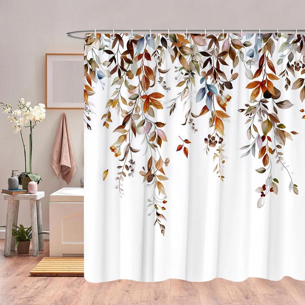 Autumn Eucalyptus Leaves Watercolour Shower Curtain Sagging Yellow Leaves Thanksgiving Gift Fabric Shower Curtain Bathroom Decor