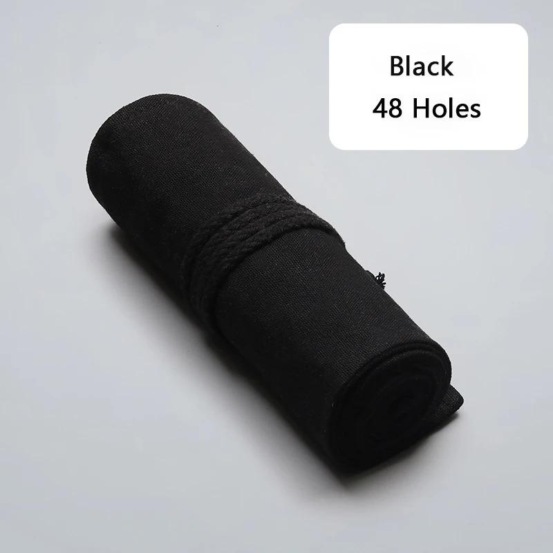 Black Color School Pencil Case Roller 12/24/36/48/72 Holes Canvas Roll Up Makeup Canvas Pen Bag For Girls Boys Stationery