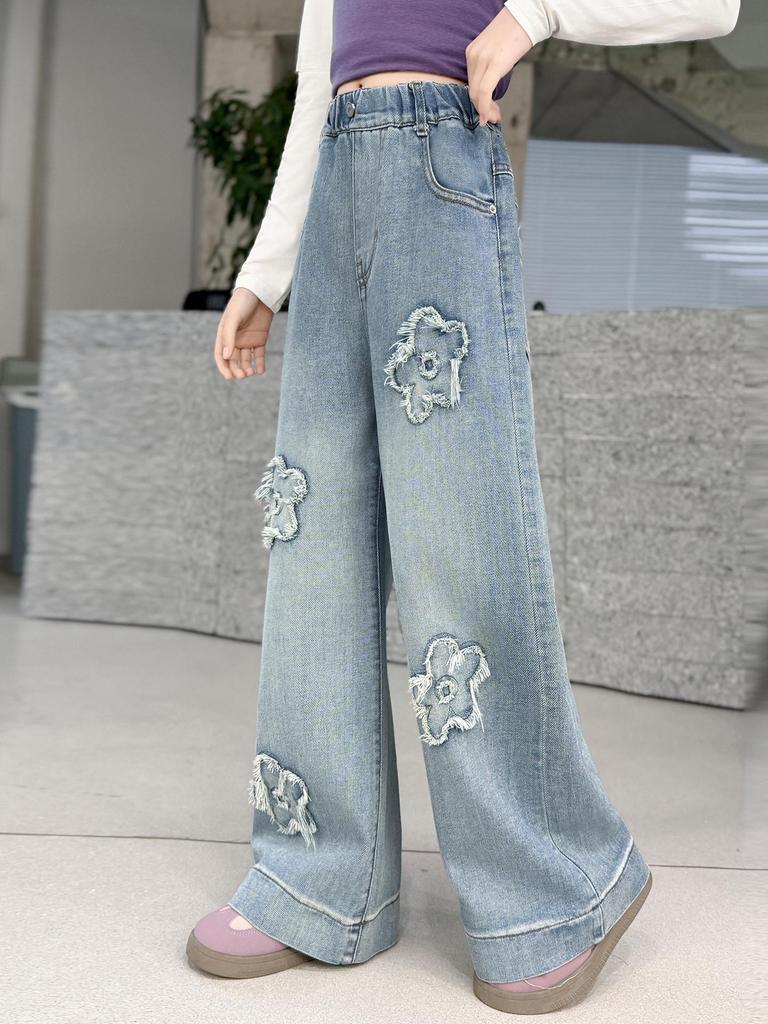 Girls' Embroidered Wide-Leg Denim Pants - Spring & Fall 2026 Junior High Style