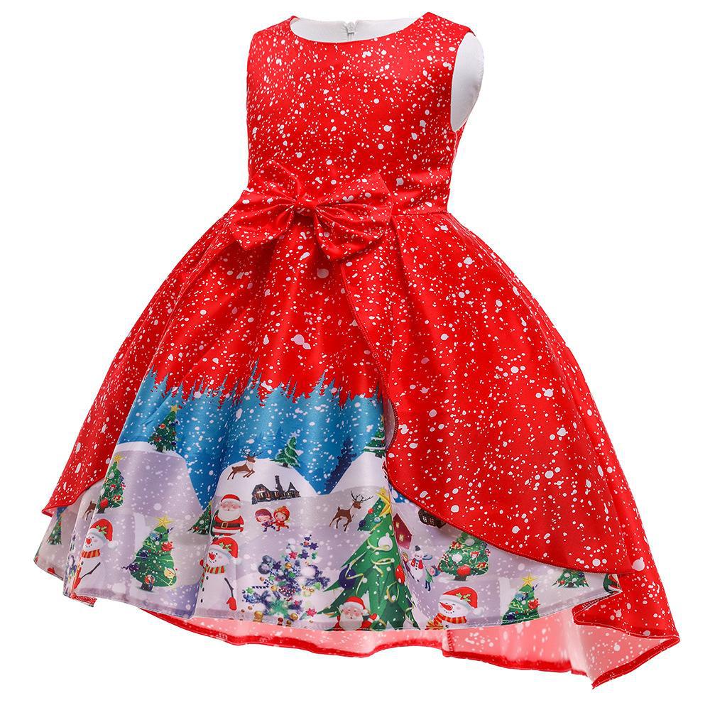 Girls Christmas Princess Dress with Santa Snowflake Print - Holiday Party Dress