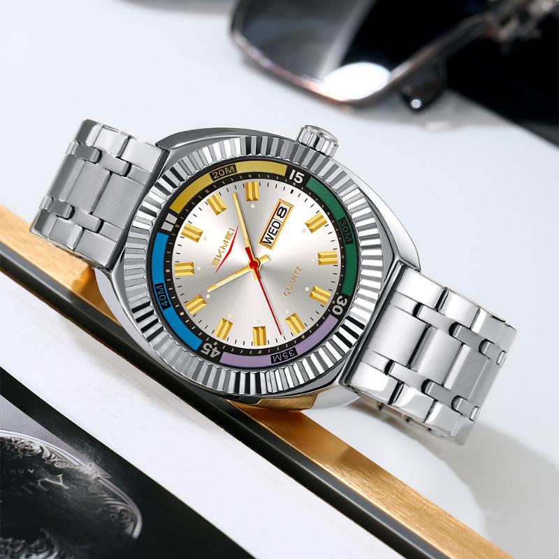 SKMEI Retro Men's Quartz Watch Fashion Sport Butterfly Buckle Steel Belt Week Calendar Large Dial Watches For Man