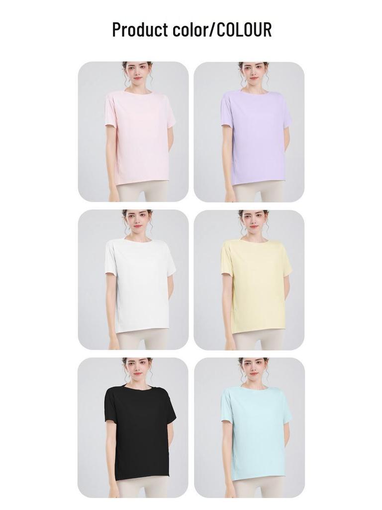 Women's Nude Sports Vest: Loose, Hip-Covering, Slimming Yoga Tops & Summer Training Tees with Short Sleeves.