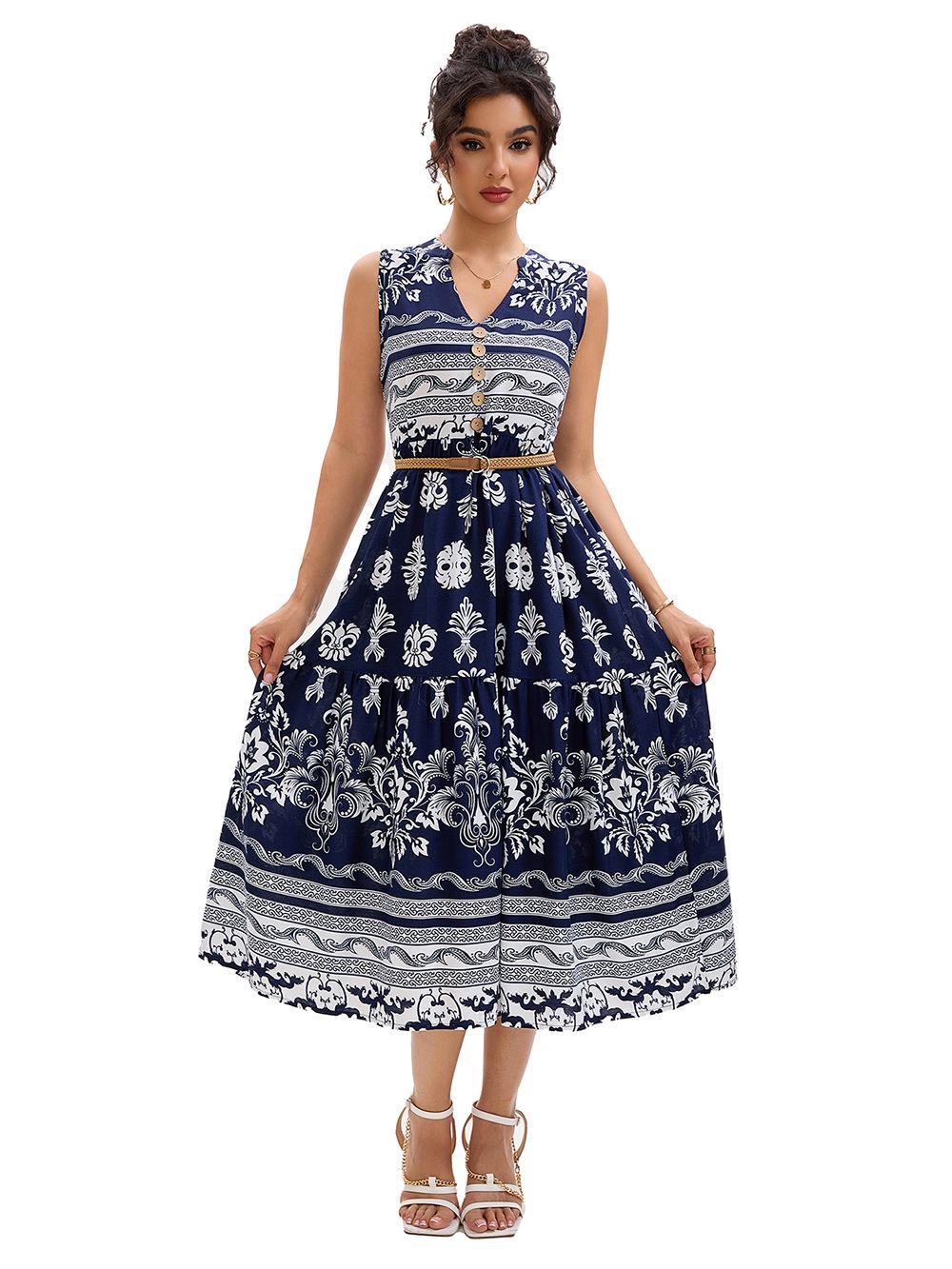 

Синее платье без рукавов с V-образным вырезом и цветочным принтом, с коричневым поясом, женский летний повседневный сарафан на пуговицах спереди S тёмно-синий