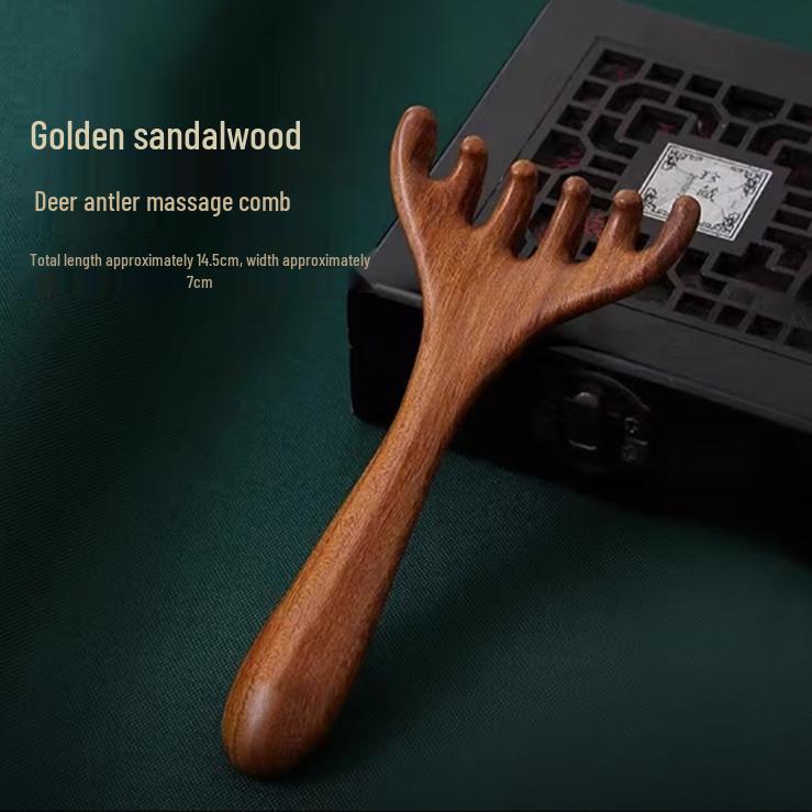 Sandalwood Dragon & Phoenix Six-Claw Massage Comb with Deer Antler Scalp Scratcher for Neck.