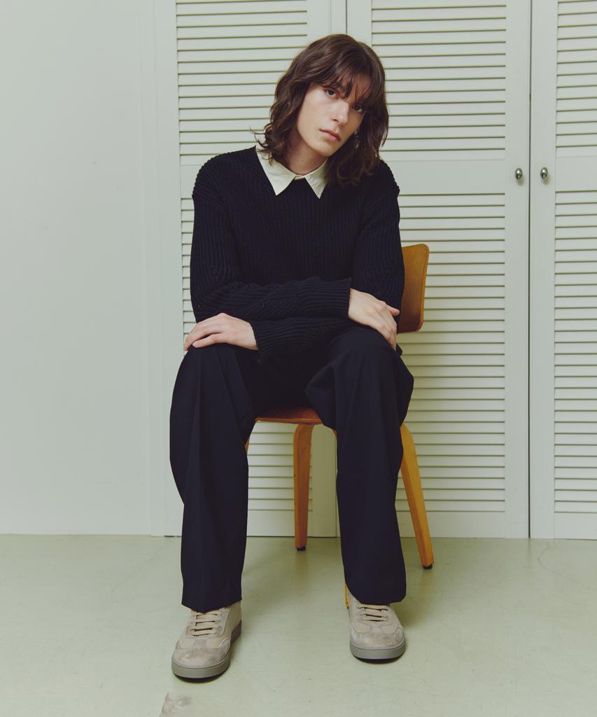 KNITTED Cotton Waffle Crewneck Knit Black
