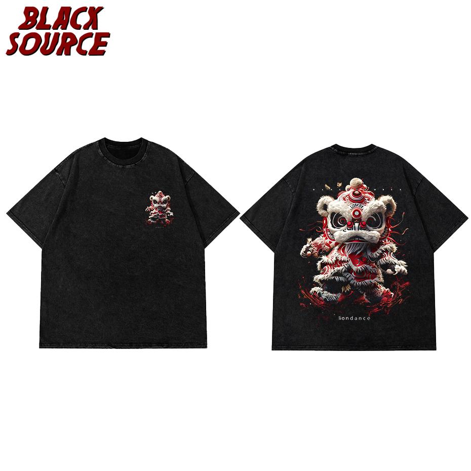 

T New Cartoon Lion Dance Printed Tee Tops For Men Summer Cotton Short Sleeve Tshirts YK Streetwear Oversized Tshirts S