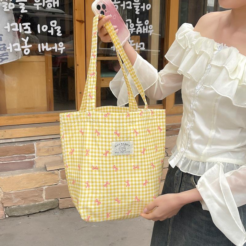 Candy Color Plaid Women's Shoulder Bags Large Capacity Women's Shopping Bag Cute Bowknot Female Travel Handbags Book Tote Purse