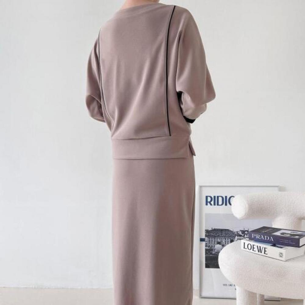 New Arrivals Open Run Piping Sweatshirt Ribbed Cuff Front Slit Skirt Two Piece