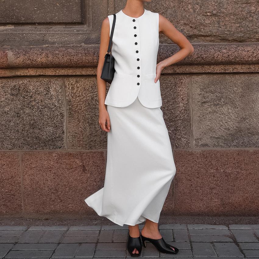European and American New White Fashion Casual Suit Women's Design Sense Waist Vest Split Straight Skirt Two-piece Set