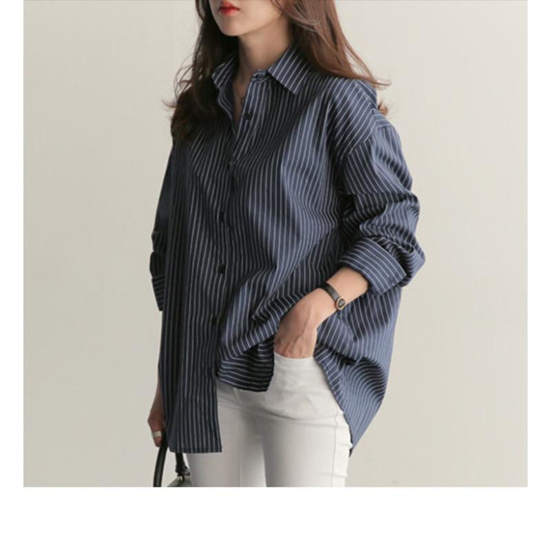 Blue Striped Loose Fit Plus Size Long Sleeve Shirt College Style Casual Blouse