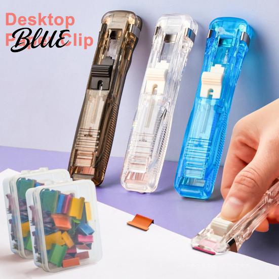 Reusable Binder Clips Paper Clip Stapler Portable Dispenser No Hole Punching Pusher with 50 Refillable Transparent Metal Office School Supplies Home