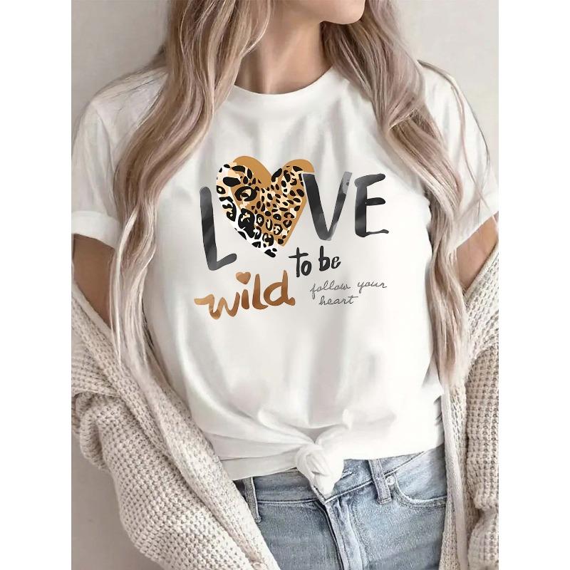 European Size Women's Valentine's Day Love Leopard Print T-Shirt - Soft Lightweight Round Neck Casual Tee with White Base & Print for Date Night