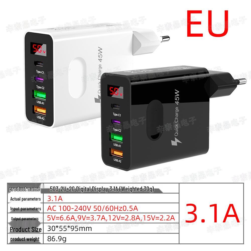 USB Multi-Port Charging Head with Digital Display, EU/UK Standard, 2PD+2U Ports, 3.1A Mobile Charger
