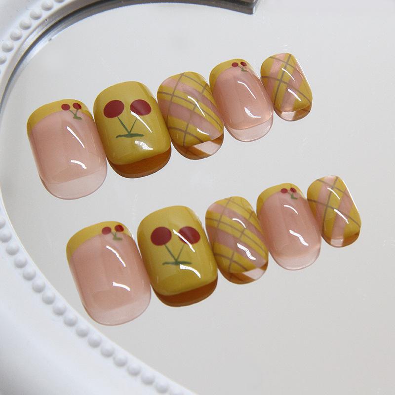 Wearing Nail Pieces Solid Color Removable Nail Pieces Patch Cartoon Cherry Simple Short Nail Fake Nail Pieces 24 Pieces
