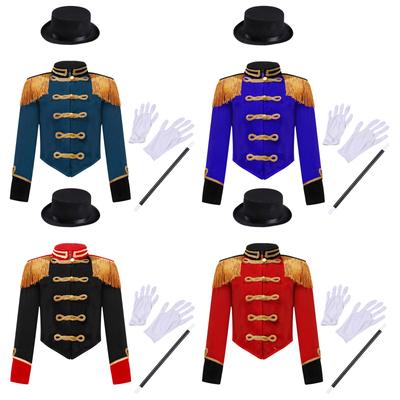 Kids Ringmaster Costume Set Long Sleeve Stand Collar Tassel Shoulder Button Jacket Hat Magic Gloves Halloween Performance