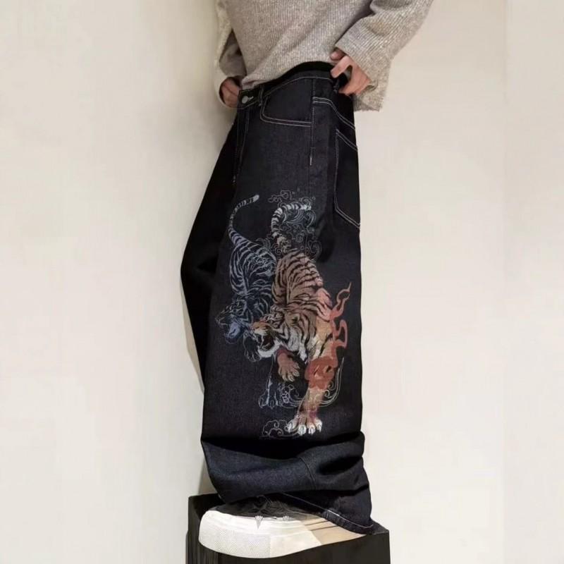 2026 High-Waisted Loose Straight Leg Denim Jeans Men Print Design Casual Streetwear