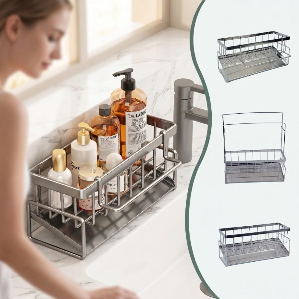 Stainless Steel Metal Sponge Holder Multi-Functional Space-Saving Sink Shelf Automatic Drainage Rust-Proof Sink Organizer