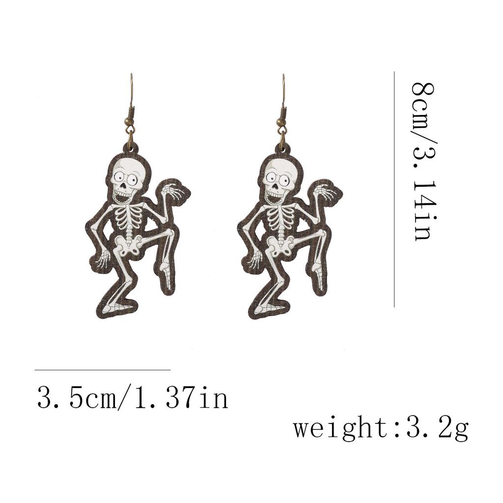 Personalized and Retro Halloween Wooden Printed Skull Earrings, Fashionable Pumpkin Ear Hooks for Festival Parties